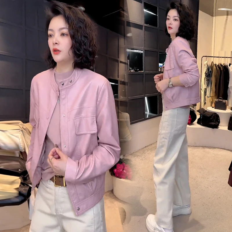 立领皮衣外套女2025春季新款休闲时尚洋气百搭显瘦高级感夹克上衣