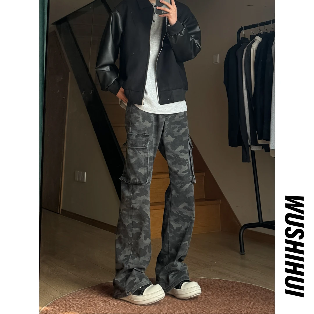 2025春款新款美式迷彩牛仔裤高街风宽松直筒工装休闲裤阔腿阔腿