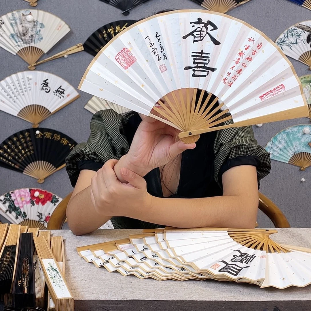 国画6寸水磨玉竹-纯手绘-文玩扇骨（默认粘好）