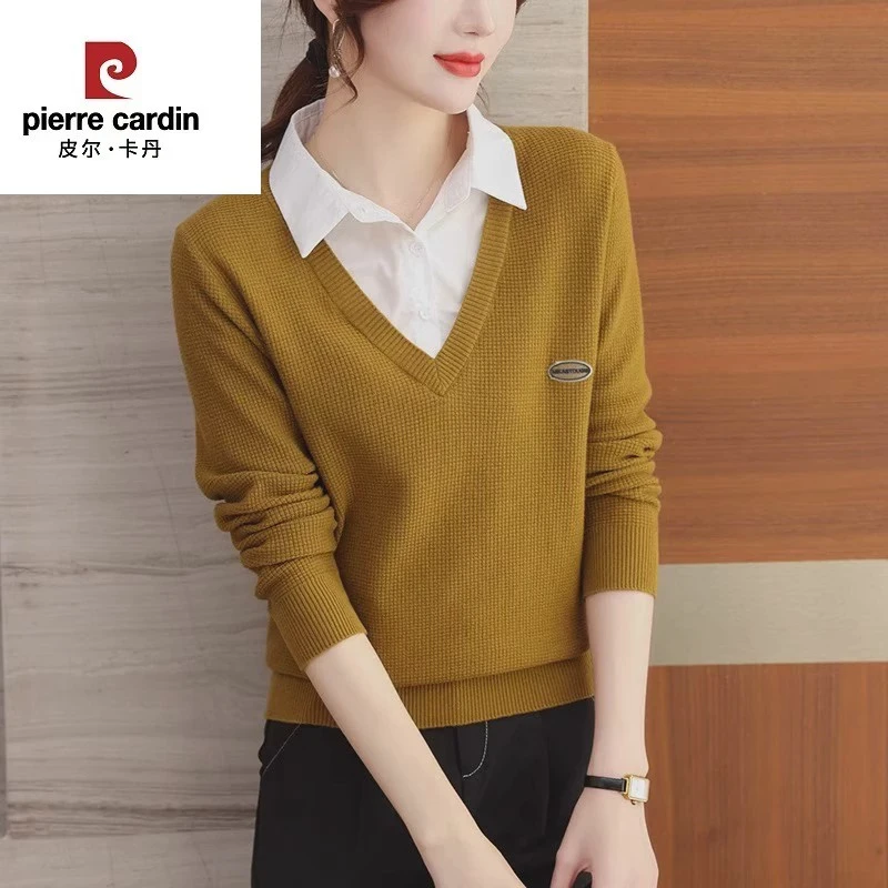 皮尔卡丹衬衫领针织衫假两件上衣女时尚洋气翻领毛衣2024新款春秋