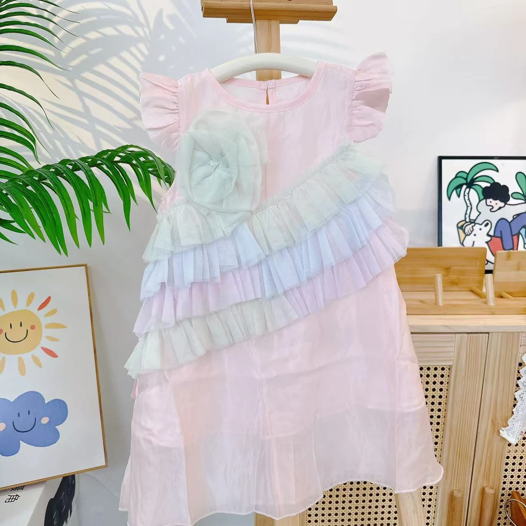【SHE IS RAINBOW】彩虹条轻纱+立体花花+公主女童连衣裙X-7340