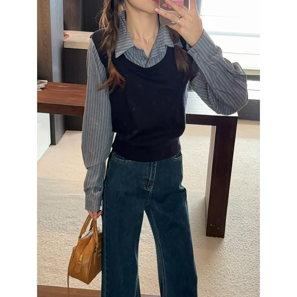 2025年假两件细针套头毛衣针织衫休闲衬衫宽松显瘦上衣女106050