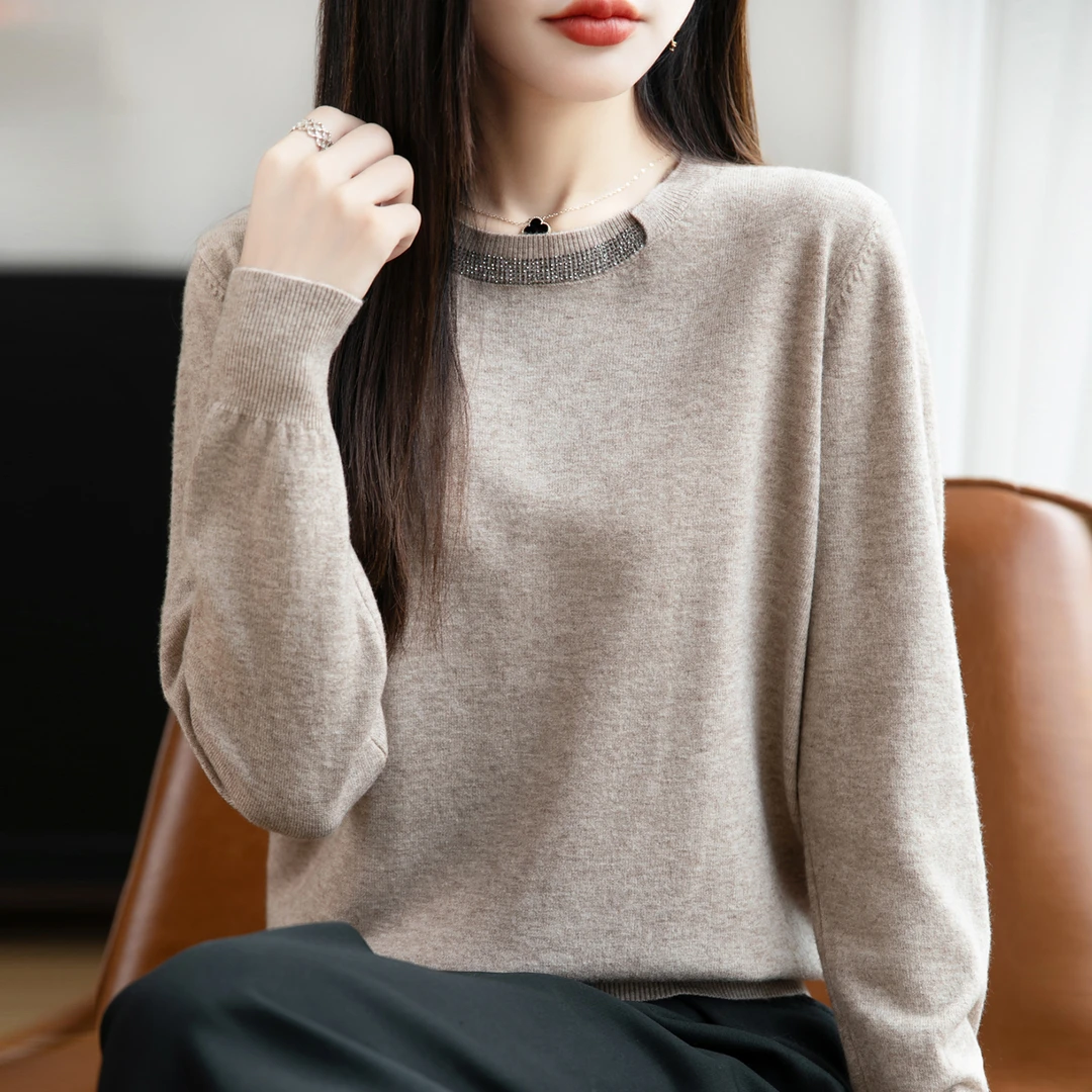 早秋纯色烫钻针织打底衫女2025新款春秋洋气大码女装上衣秋冬毛衣