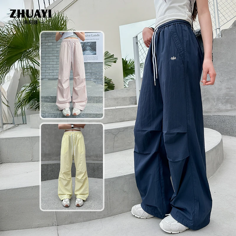 夏季薄款女大童工装裤新款刺绣字母拼腰休闲裤百搭直筒裤子