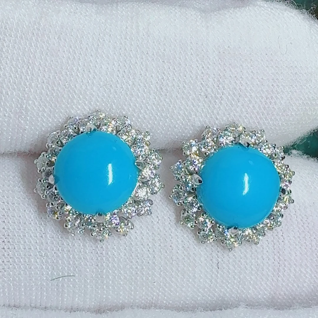 绿松石18K金镶嵌珠宝奇石玉华蓝耳钉