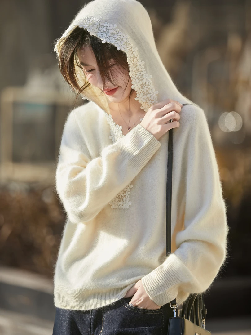 【羊绒拉绒】拉绒花边慵懒风连帽衫ZM827