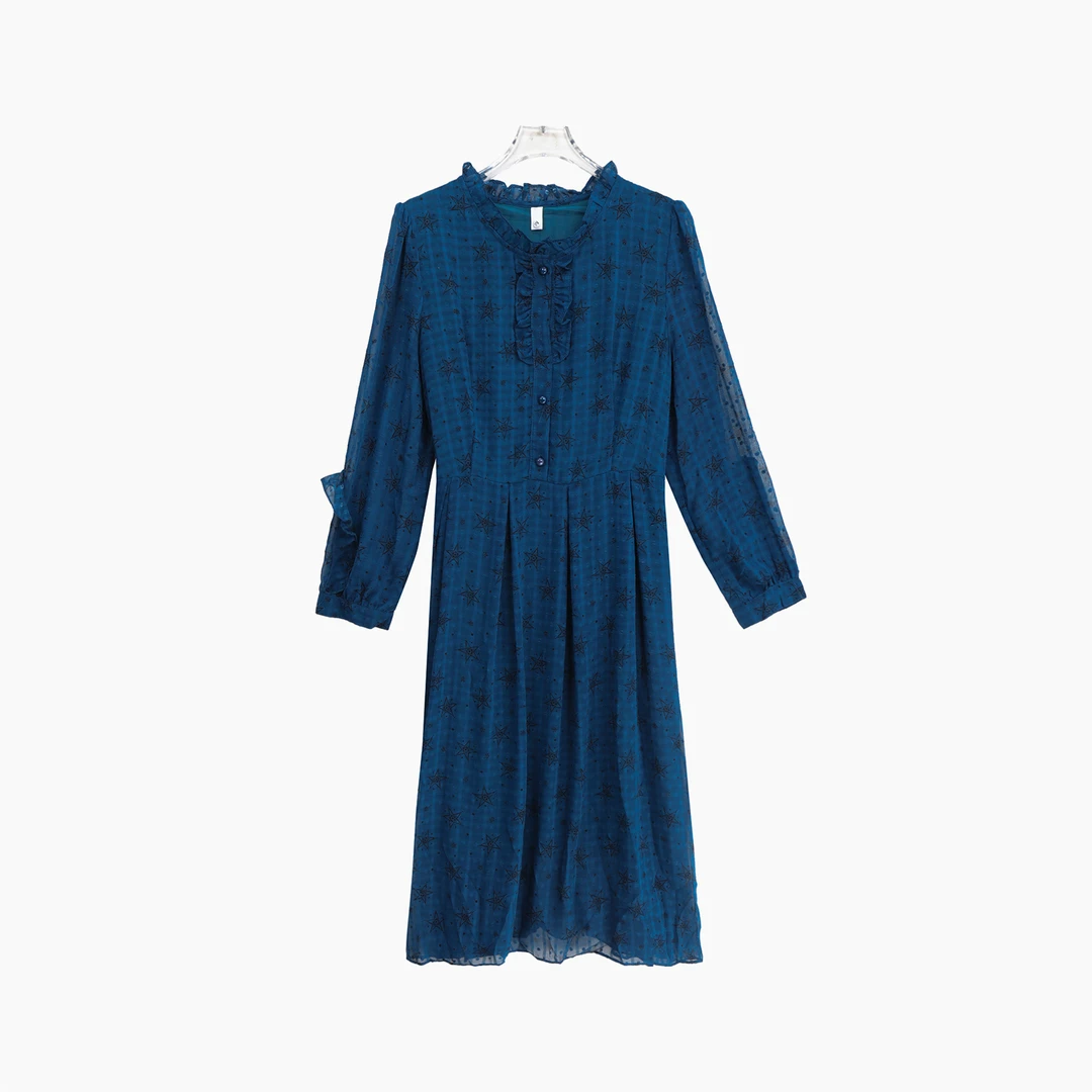 气质木耳领收腰显瘦印花减龄优雅连衣裙S3940