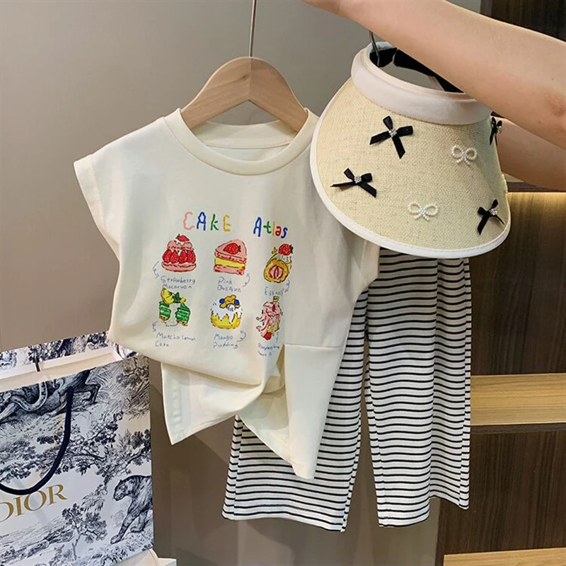 （现货）女童套装夏季分叉无袖上衣条纹直筒裤休闲女宝宝洋气两件套