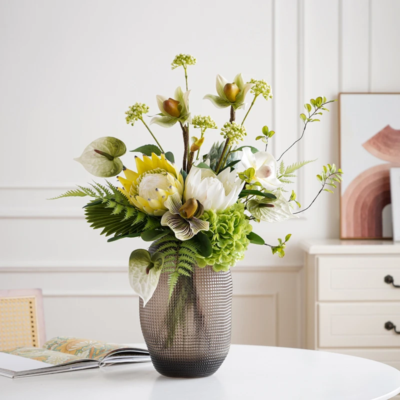 北欧清新帝王花客厅玄关质感花艺装饰设计师款仿真花手札花束摆件