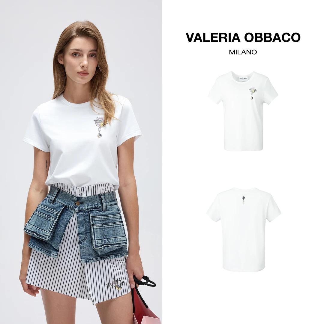 VALERIAOBBACO/瓦莱丽娅 奥贝科白色手持镜印花短袖T恤经典女款