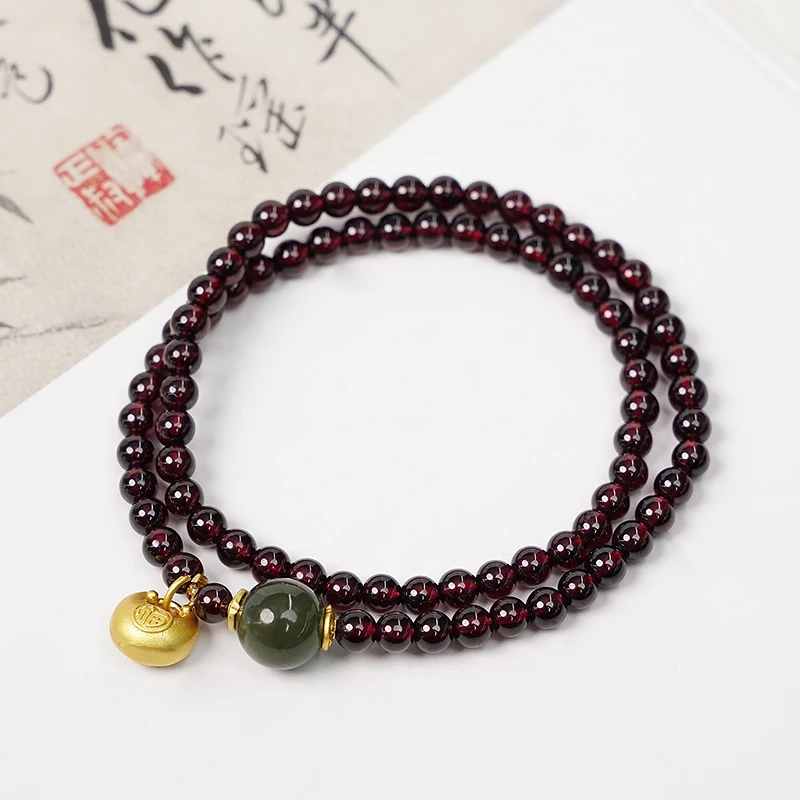 原创天然双圈多圈石榴石和田玉女款手串手链手工简约福袋-8922-1