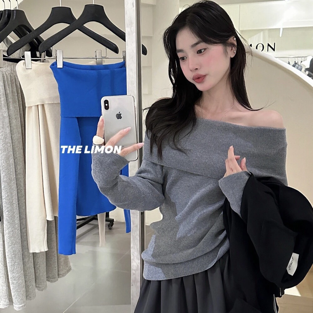 法式一字肩长袖针织衫女春秋季修身显瘦韩版气质温柔风露肩上衣