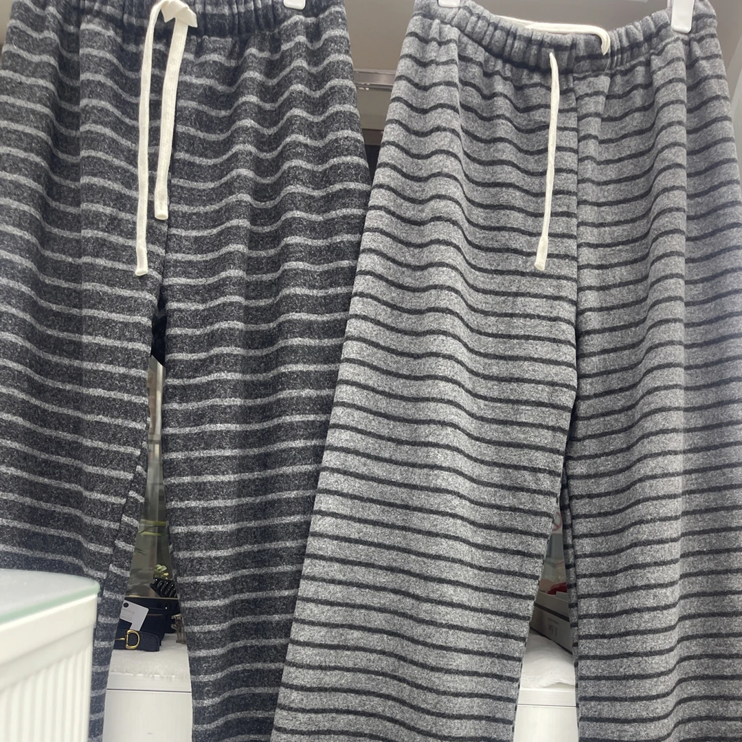 加绒撞色条纹阔腿裤女慵懒感休闲高腰拖地长裤秋冬款加绒加厚