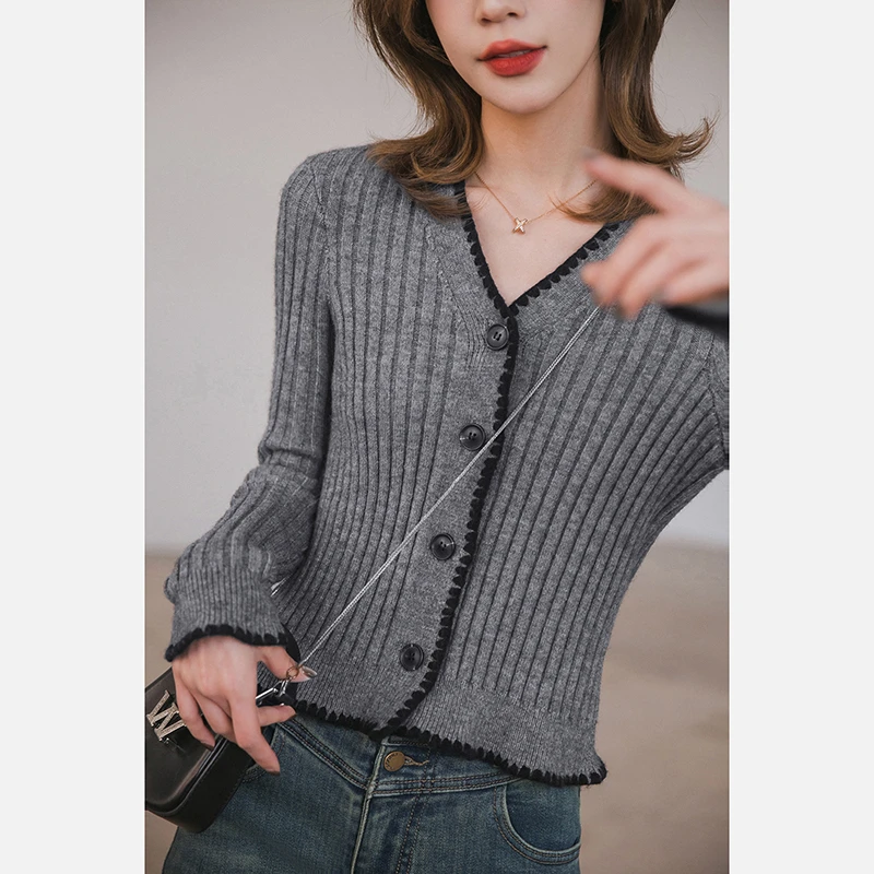 小谷粒雅典娜开衫 气质百搭撞色针织衫女2025春季新款高弹v领上衣