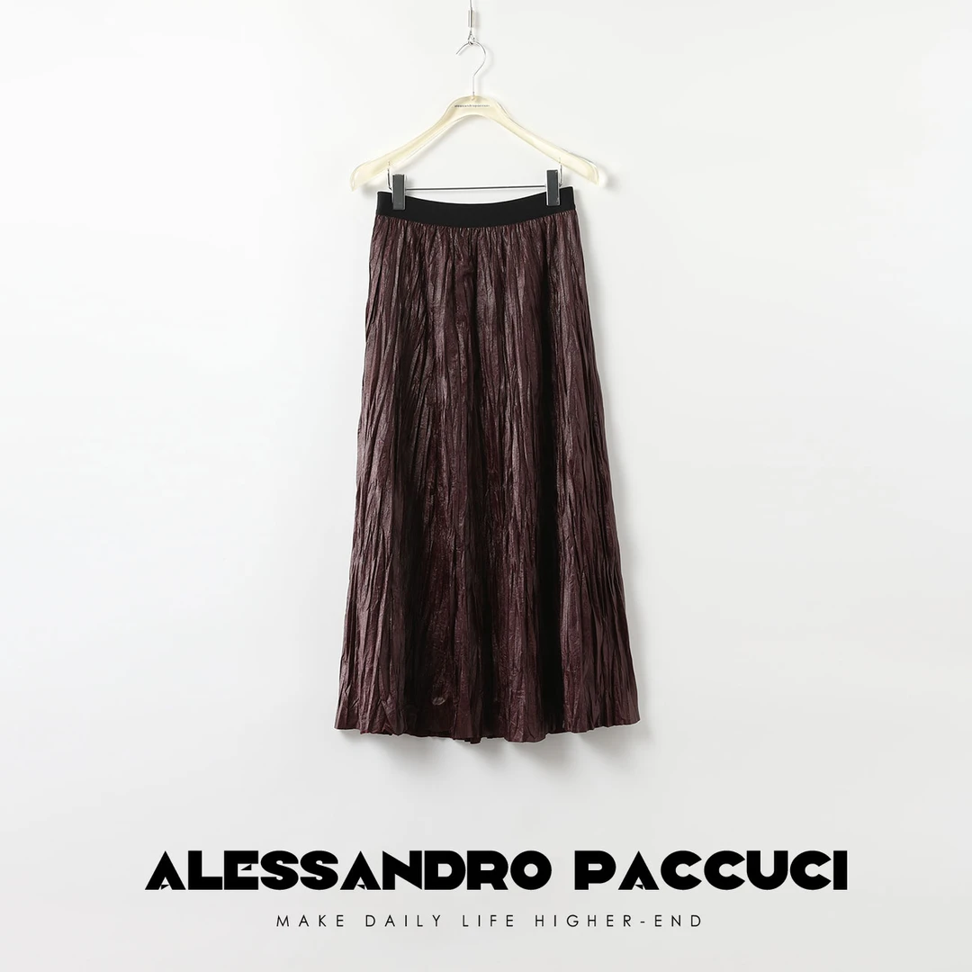 【孤品特价不退换】洛哥26865X 仿皮肌理感拼色松紧腰压褶半身裙