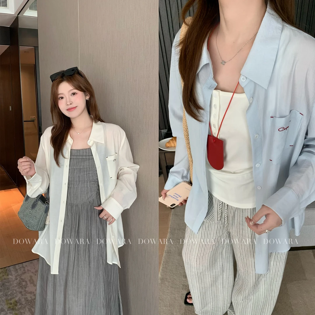 现货大婉酱微胖定制韩系休闲风薄款衬衫夏季字母小刺绣上衣 6738D