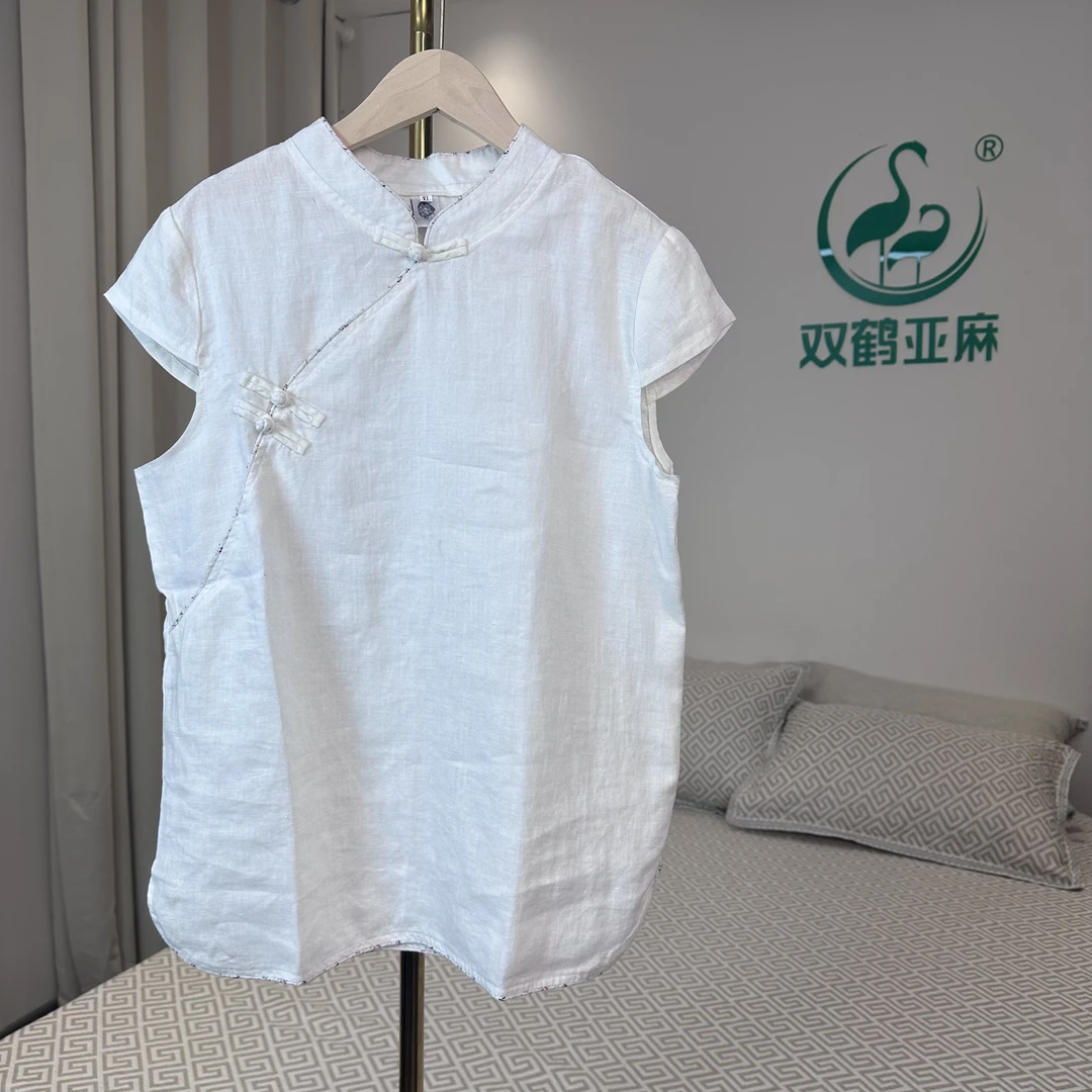 双鹤亚麻女士短袖T恤100%亚麻休闲百搭透气夏季盘扣民族风白色