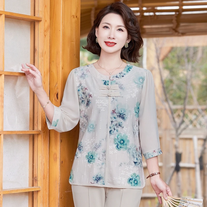 中年妈妈夏装国风印花T恤小衫上衣服2025新款洋气中老年女装