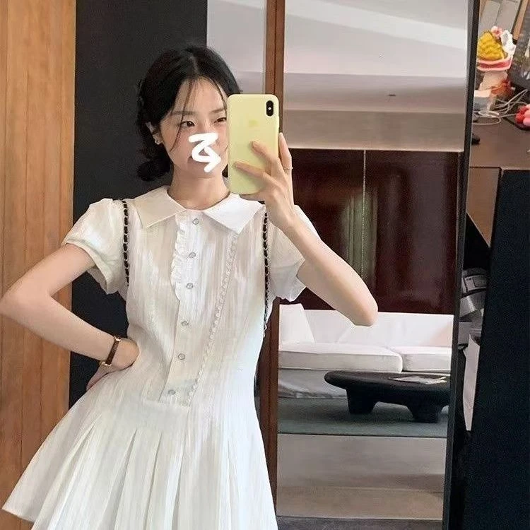 新款小裙子战袍长裙学院风翻领白色娃娃领女字裙夏季甜美显瘦裙