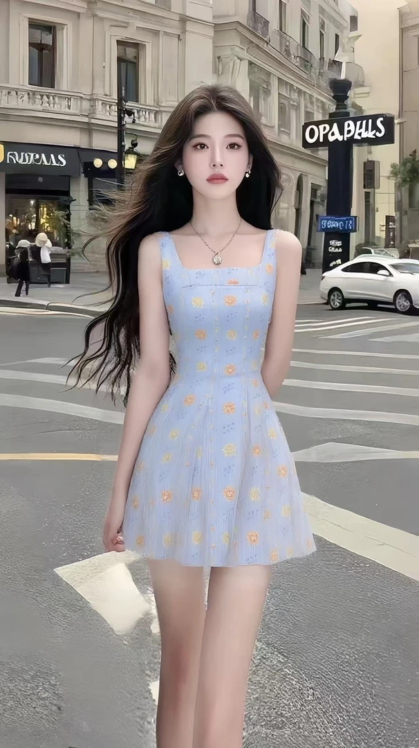 甜美少女风浅蓝色碎花方领收腰连衣裙女显瘦气质夏日氛围感女装