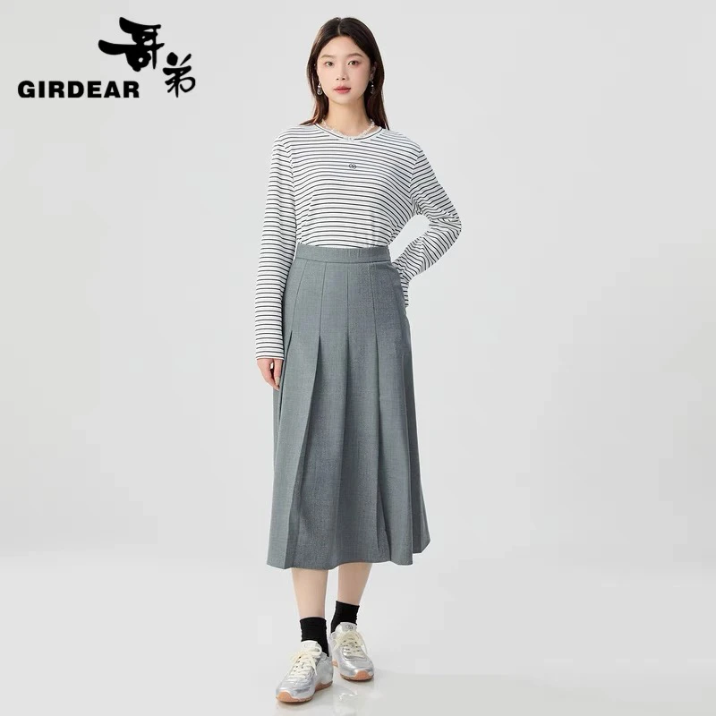 【官方正品】哥弟高腰优雅拼接百褶侧开叉羊毛半身长裙1200325