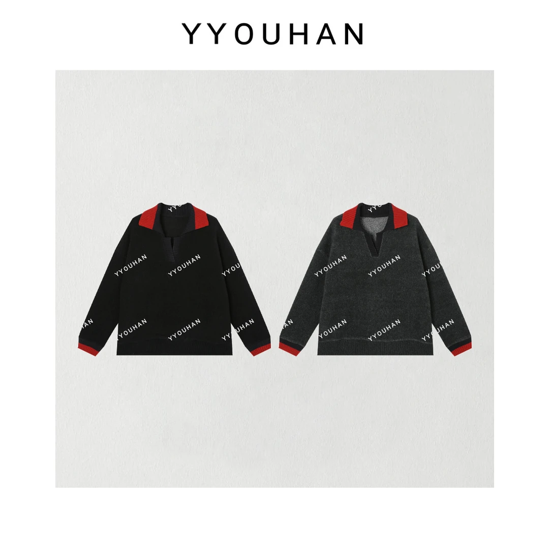 月月不吃鱼 小众设计简约百搭撞色拼接翻领套头毛衣 2412B6155