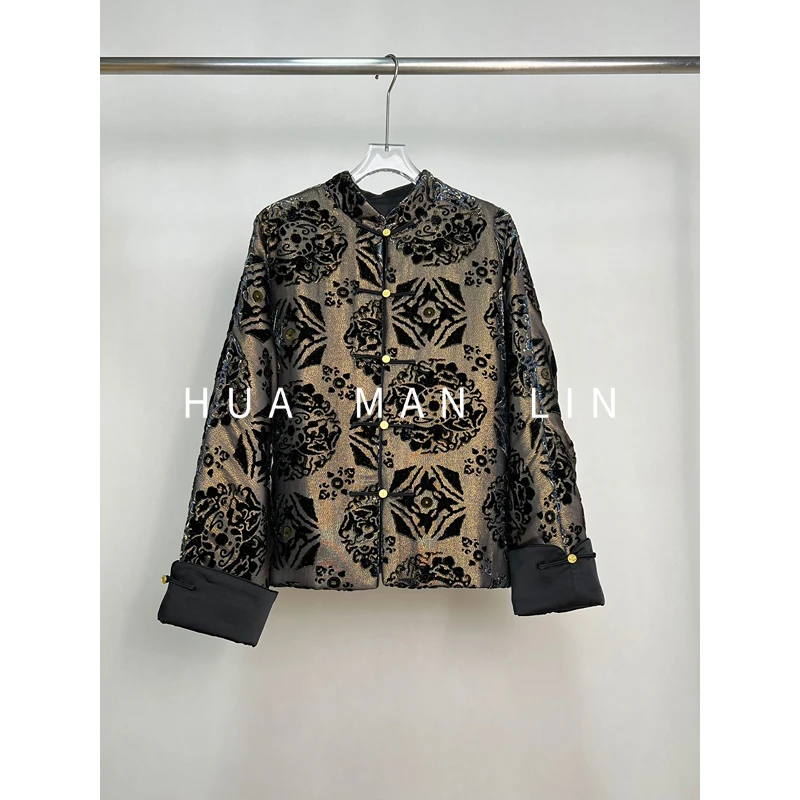 【花滿林】小立领金属扣卷袖烫金烧花真丝桑蚕丝加厚外套251526