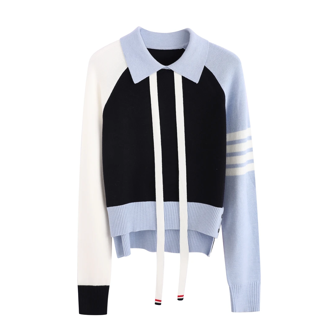 【商场同款 品牌订单】蓝白学院风四杠系带针织毛衣9041