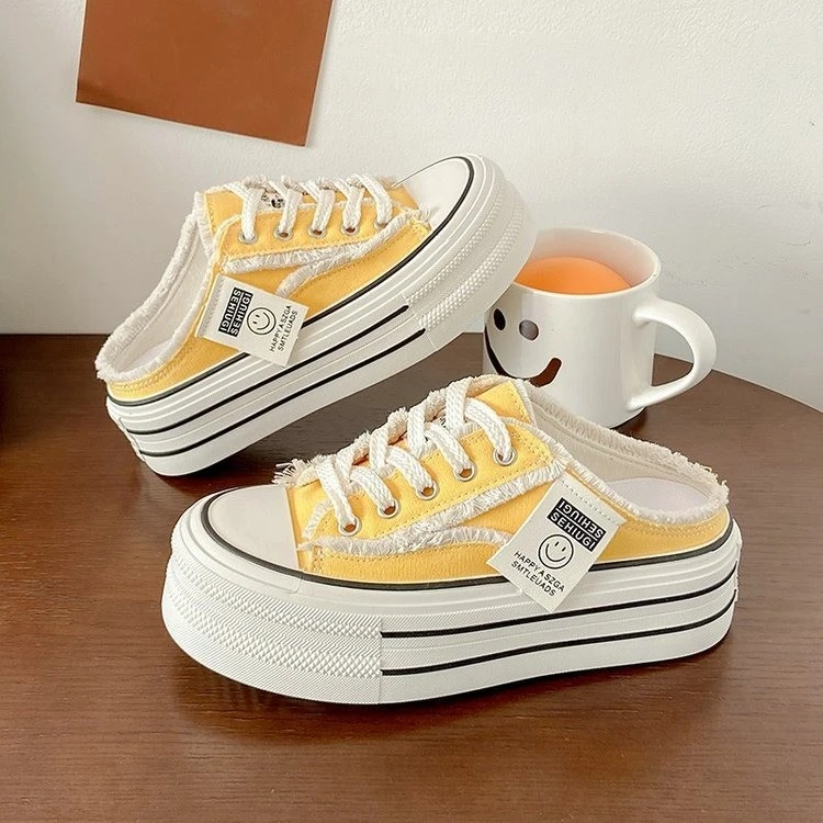 2025夏新款包头凉拖女鞋外穿一脚蹬帆布鞋超百搭厚底增高懒人半拖