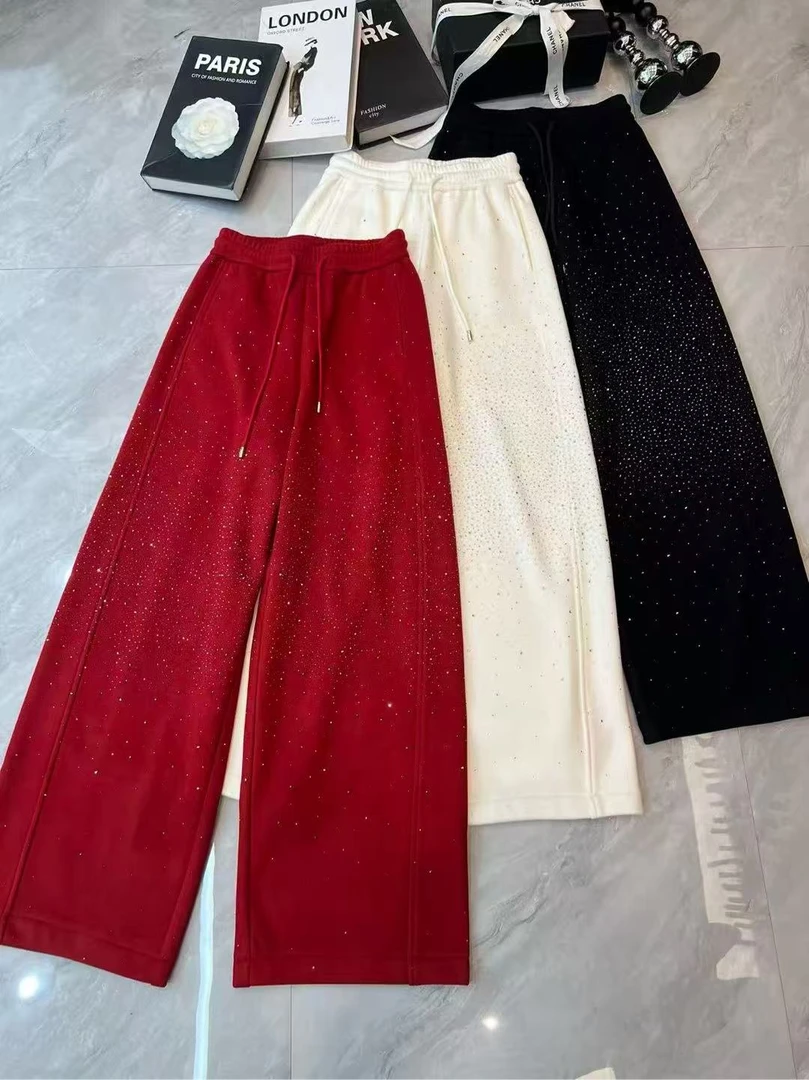 淑雅阁服饰  网红加绒休闲裤加厚满钻直筒裤89803