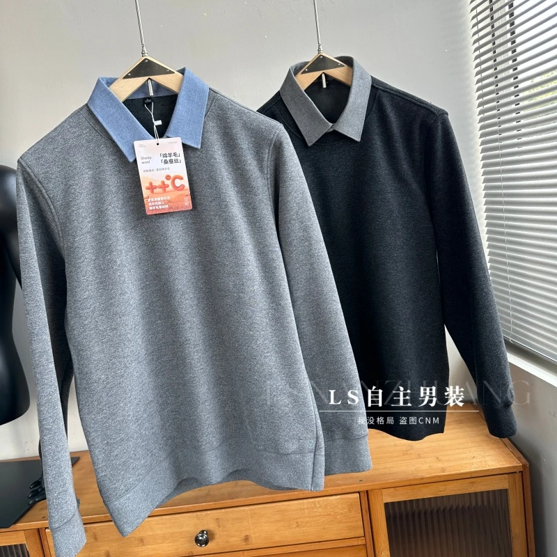 高档加绒假两件毛衣男士潮流秋冬季宽松针织衫男加厚套头保暖毛衫