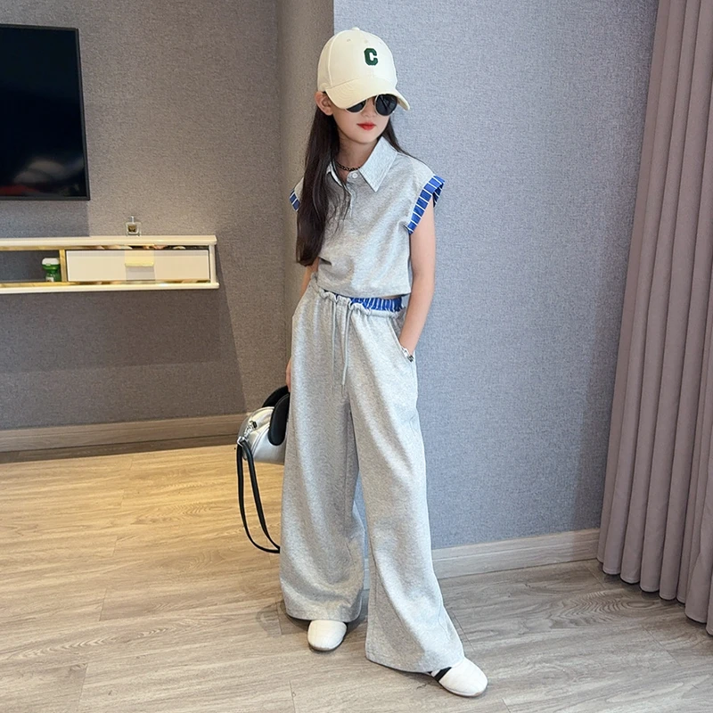 女童短袖套装夏装2025新款儿童洋气韩系大童直筒阔腿裤薄款两件套