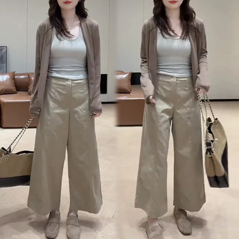 网红洋气炸街套装女2025年春秋新款针织开衫外套休闲阔腿裤两件套