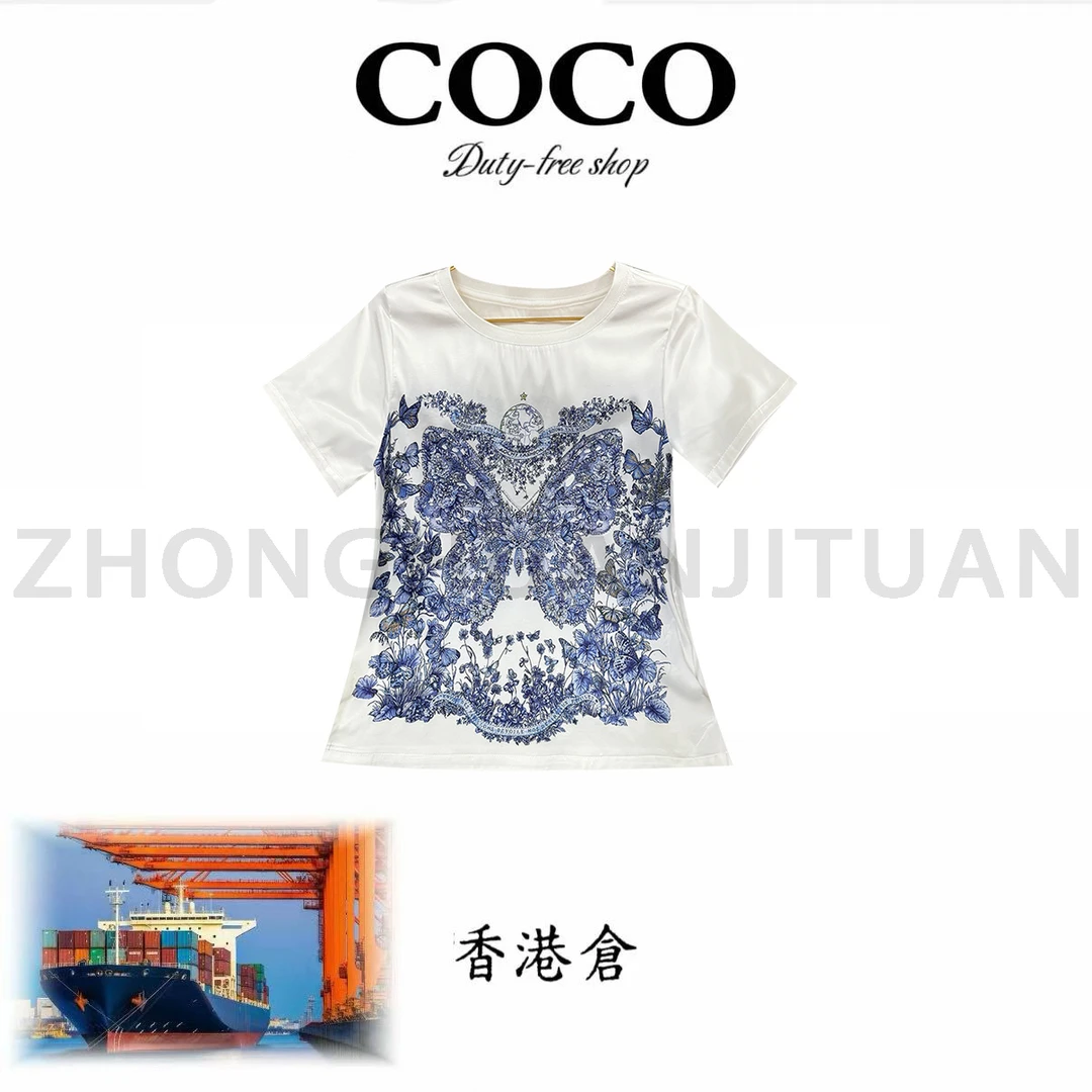 【中環集團香港倉】’蝴蝶公园‘’烫钻印花桑蚕丝上衣 欧货轻奢T恤女