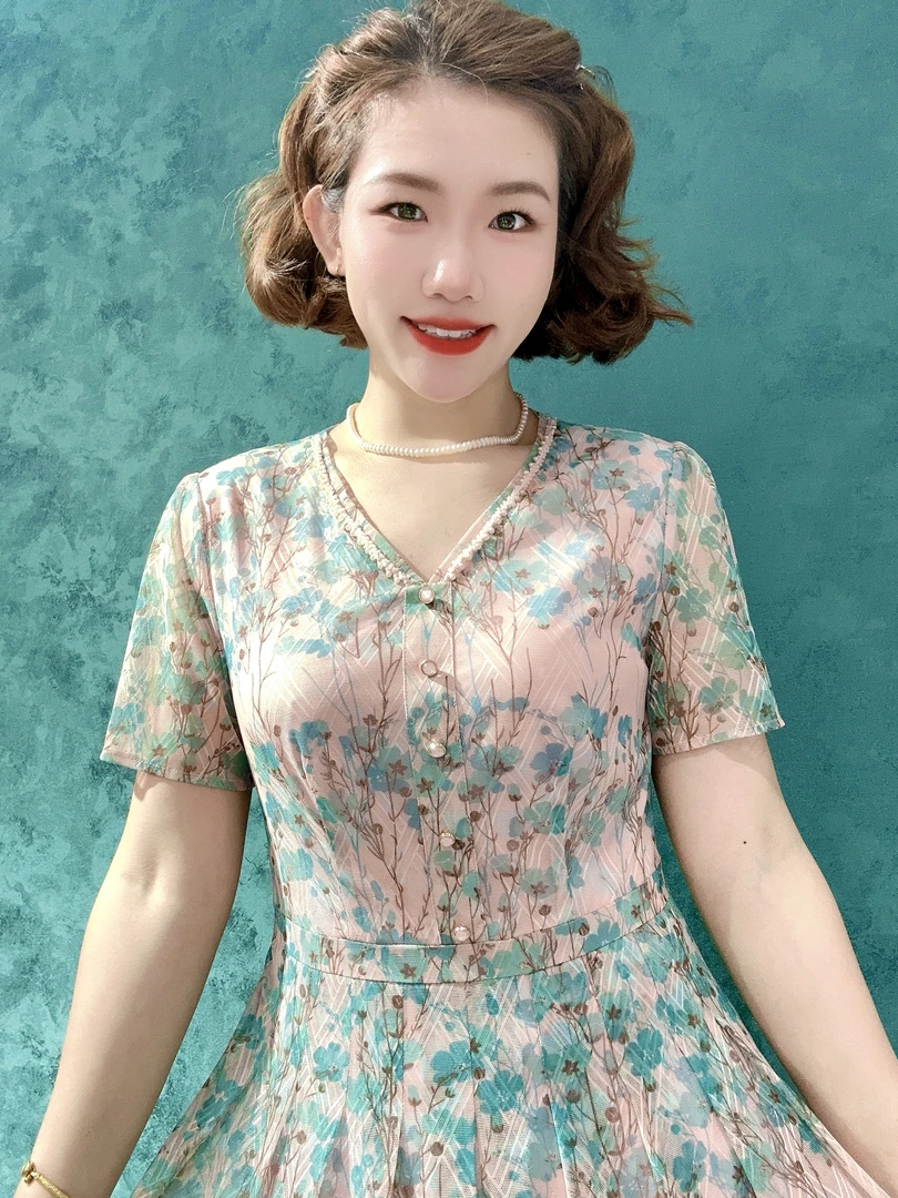 S 2520#质感修身印花显瘦优雅妈妈装度假连衣裙