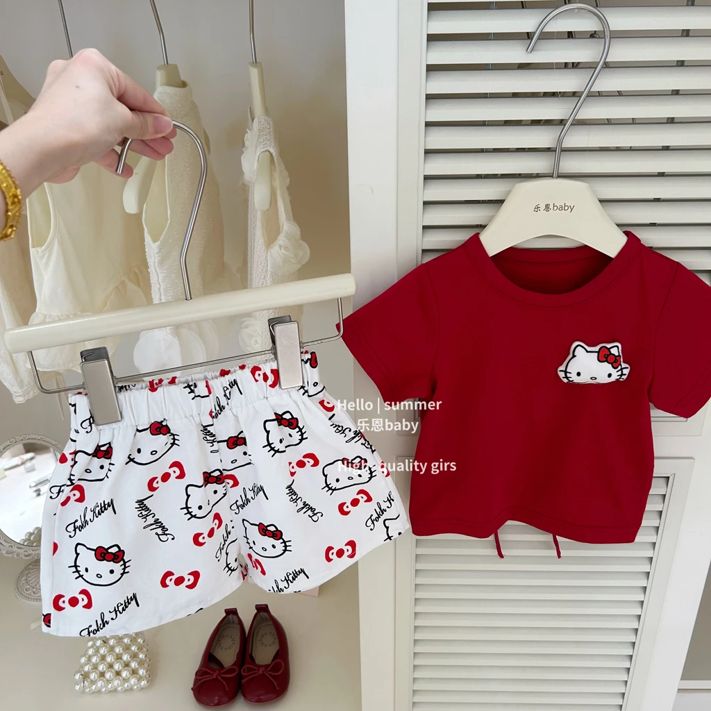 【乐恩baby】女童夏季新款红色KT短袖短裤洋气套装宝宝可爱两件套