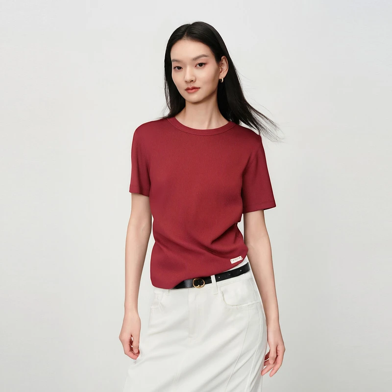 EP雅莹2025新款女装 基础打底衫 弹力罗纹丝棉短袖T恤5301B