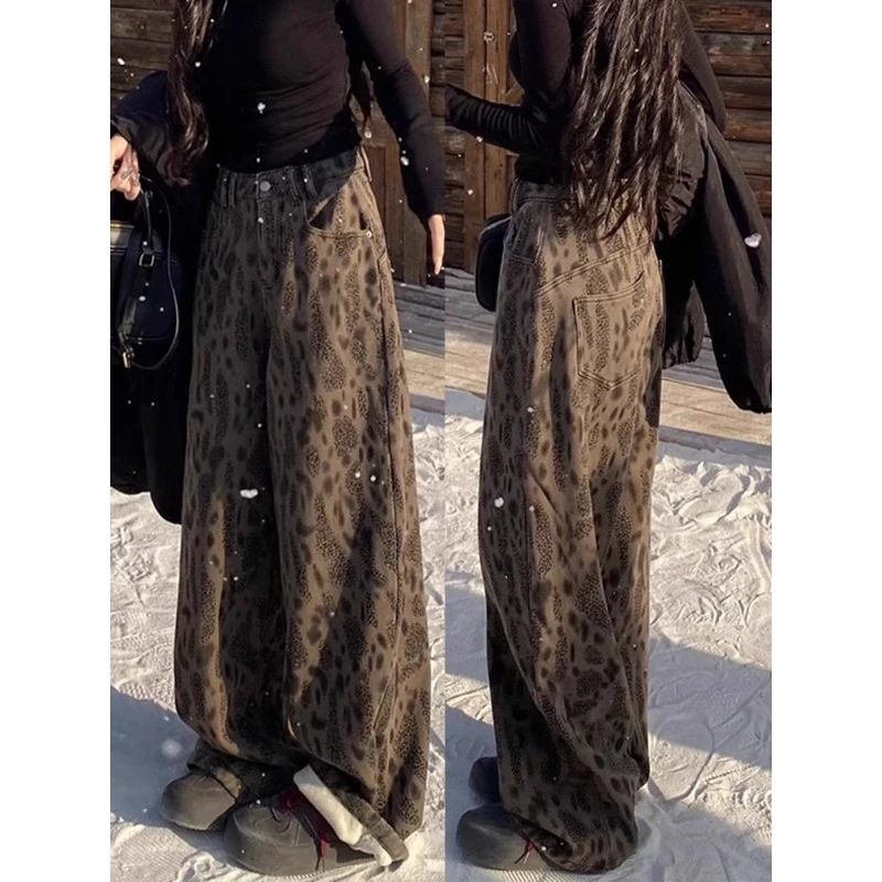 Aimeerosa/艾洛莎加绒豹纹牛仔裤女冬季百搭显瘦高腰设计感阔腿裤