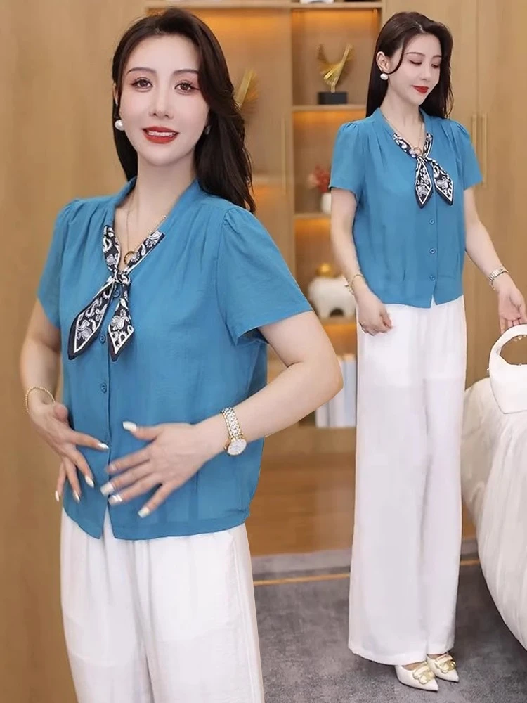 时尚洋气蝴蝶结v领短袖衬衫女2025夏季新款气质显瘦减龄百搭衬衣