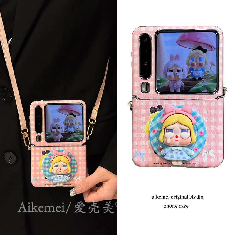 适用华为purax典藏版折叠屏手机壳pocket2粉格纹立体哭娃磁吸支架