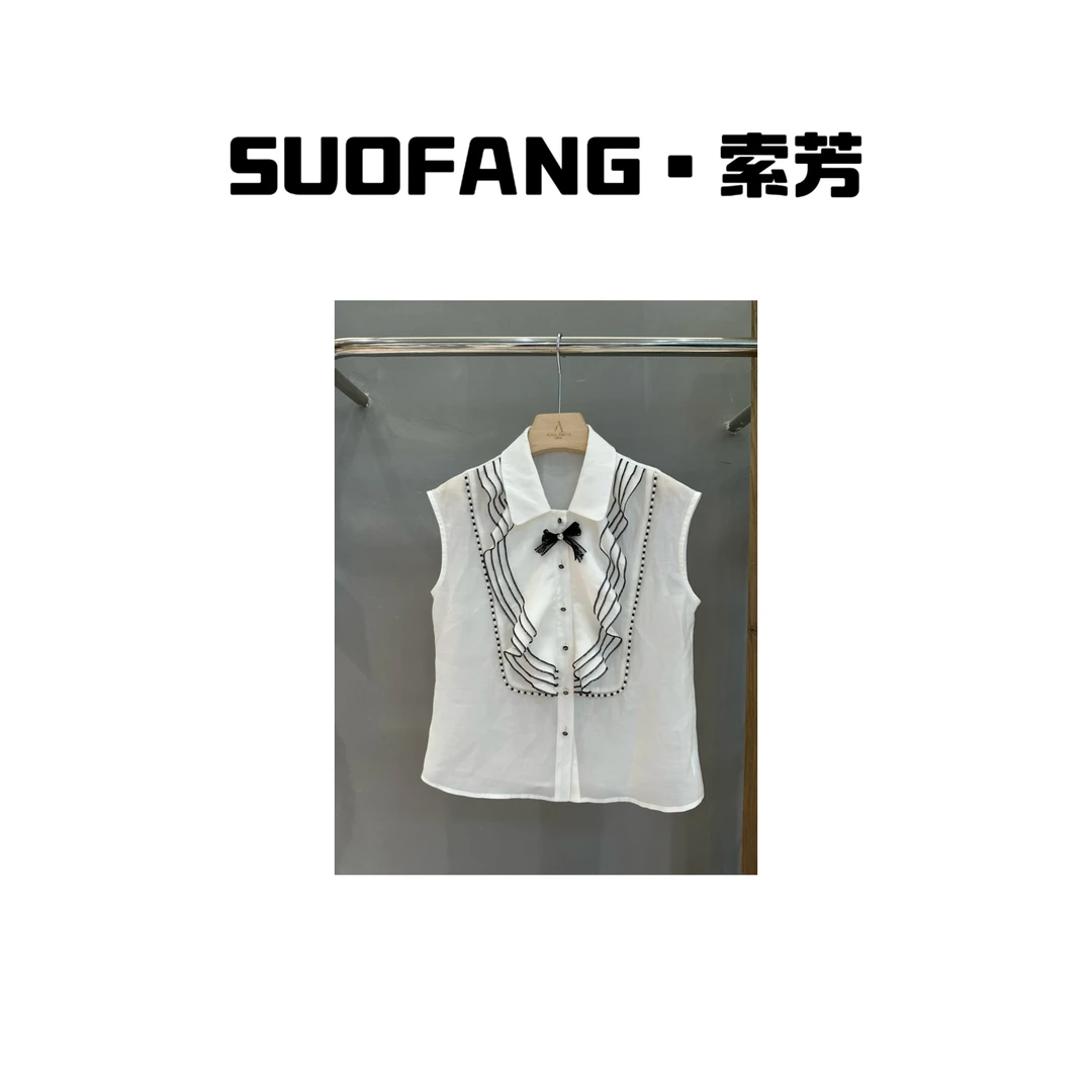 新品上市 甜美风木耳边雪纺无袖衬衫