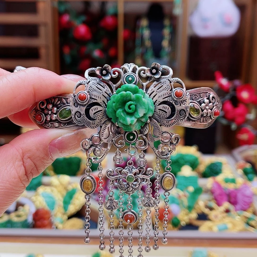 颈饰银S925镶嵌翡翠发夹吊坠两用款48小时鉴赏期