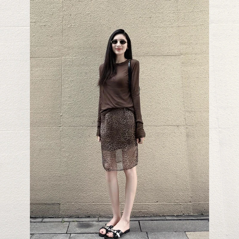 美式辣妹套装咖色长袖T恤上衣女2025秋季复古豹纹半身短裙两件套