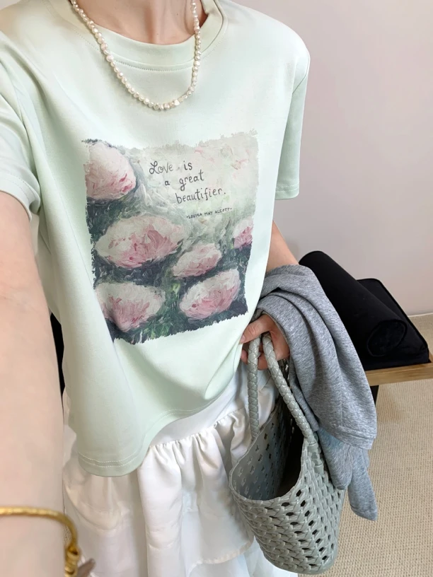 设计感修身型百搭圆领印花T恤短袖muji风刺绣短款