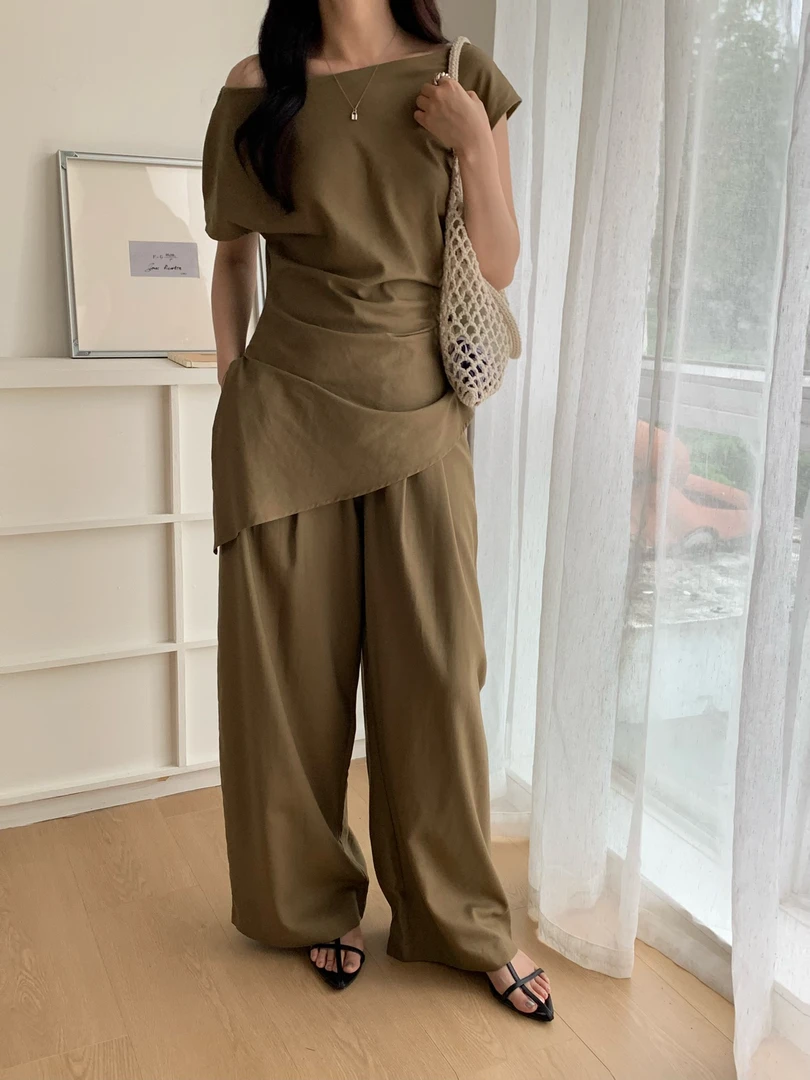 vvs@256539 韩系气质不规则系带收腰上衣阔腿裤套装 6-4