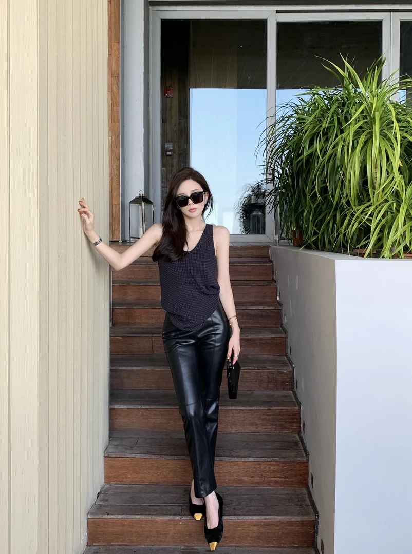 SHANG-JJ【黑巧皮裤】25ss新品春季透气弹力舒适皮裤q133366p