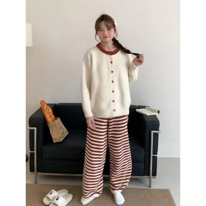 韩系条纹撞色半边绒睡衣女秋冬新款保暖长袖长裤可外穿家居服套装