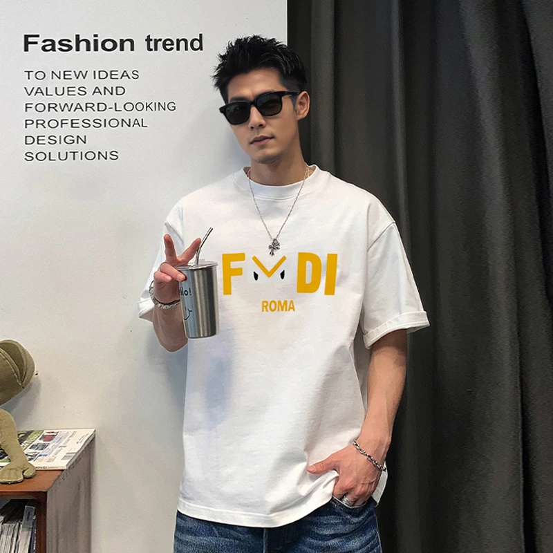 潮牌轻奢男装夏季新款眼睛字母植绒印花休闲百搭宽松加大T恤T2022