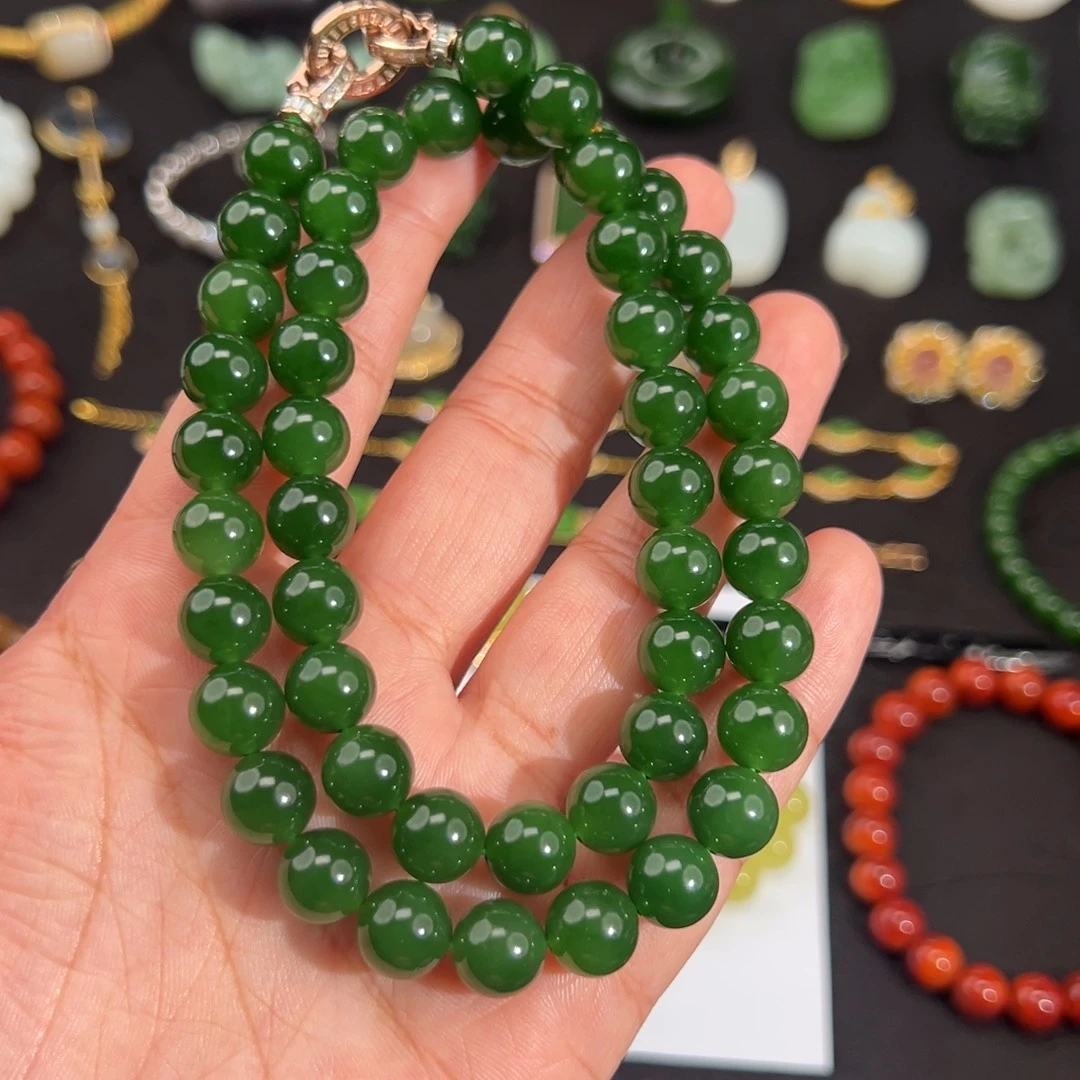 和田玉（碧玉）未镶嵌颈饰老料菠菜绿10mm女神项链