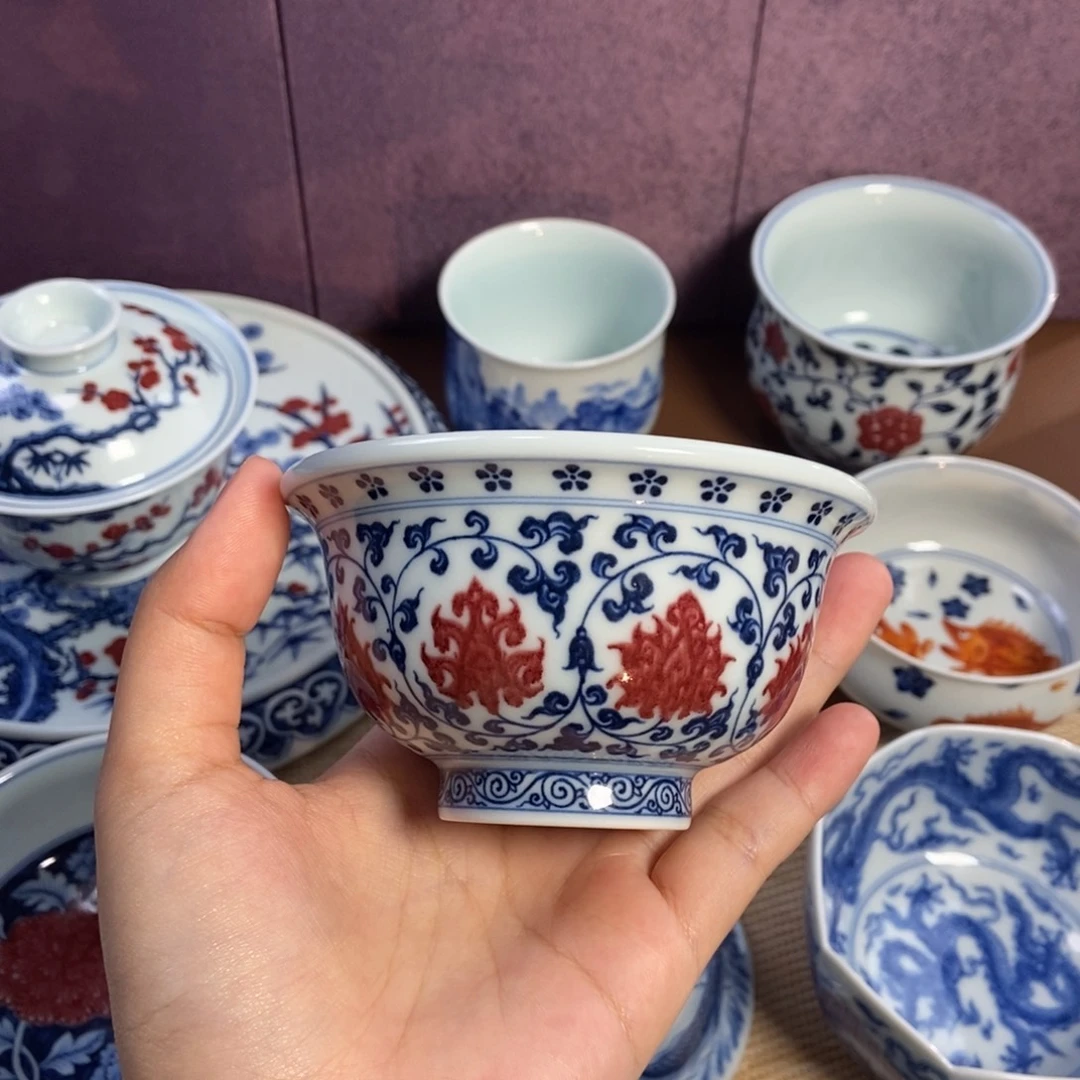 陶阳春白雪釉里红缠枝莲大压手杯